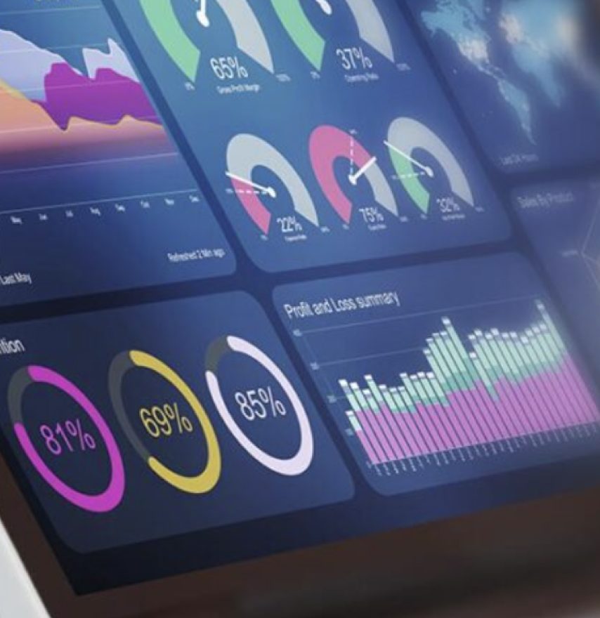Tablet showing an environmental data dashboard with charts and gauges